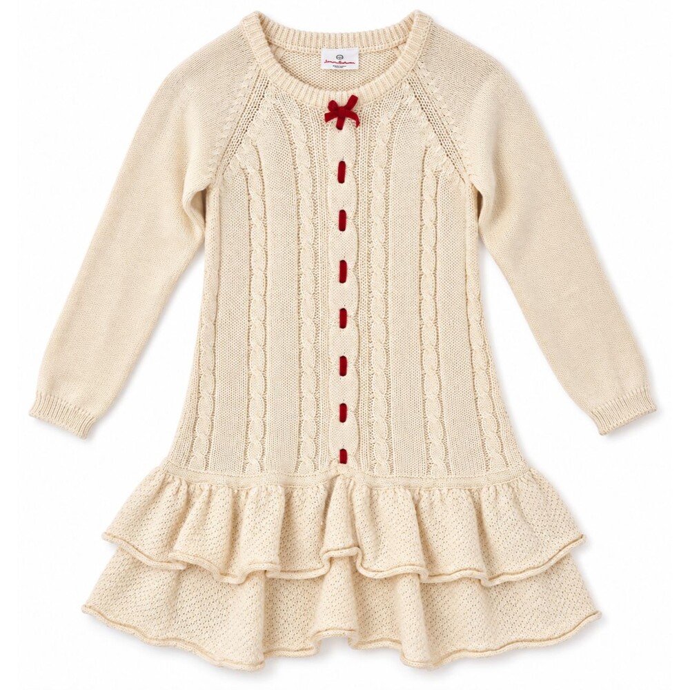 Girls Hanna Andersson Knit Sweater Dress 130 8 US Cream Red Bow Ruffle Skirt